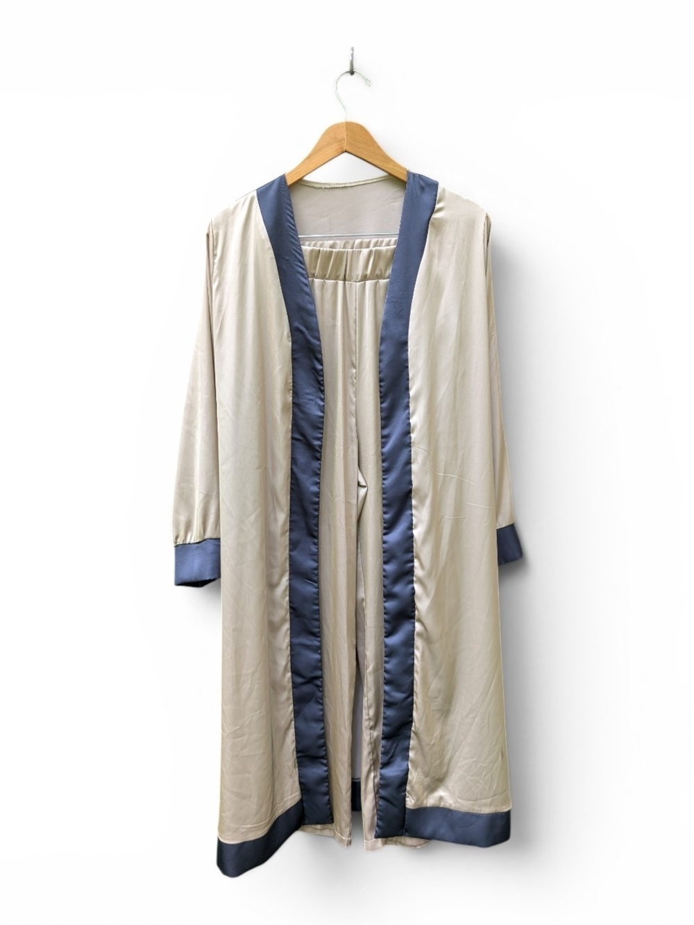 Silk-Trim Robe and Pajama Set in Beige with Navy Trim